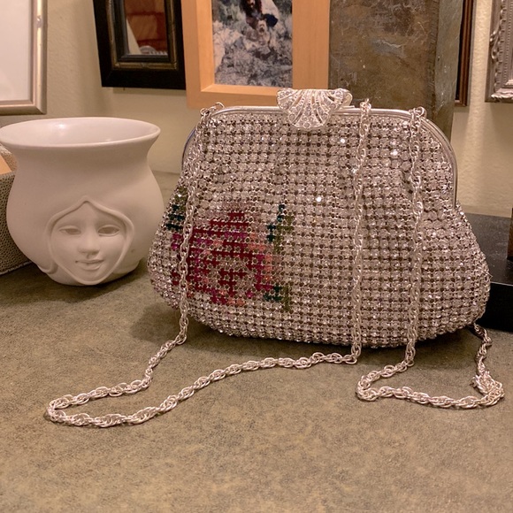 Handbags - Rhinestone Encrusted Evening Clutch with Hidden Shoulder Chain